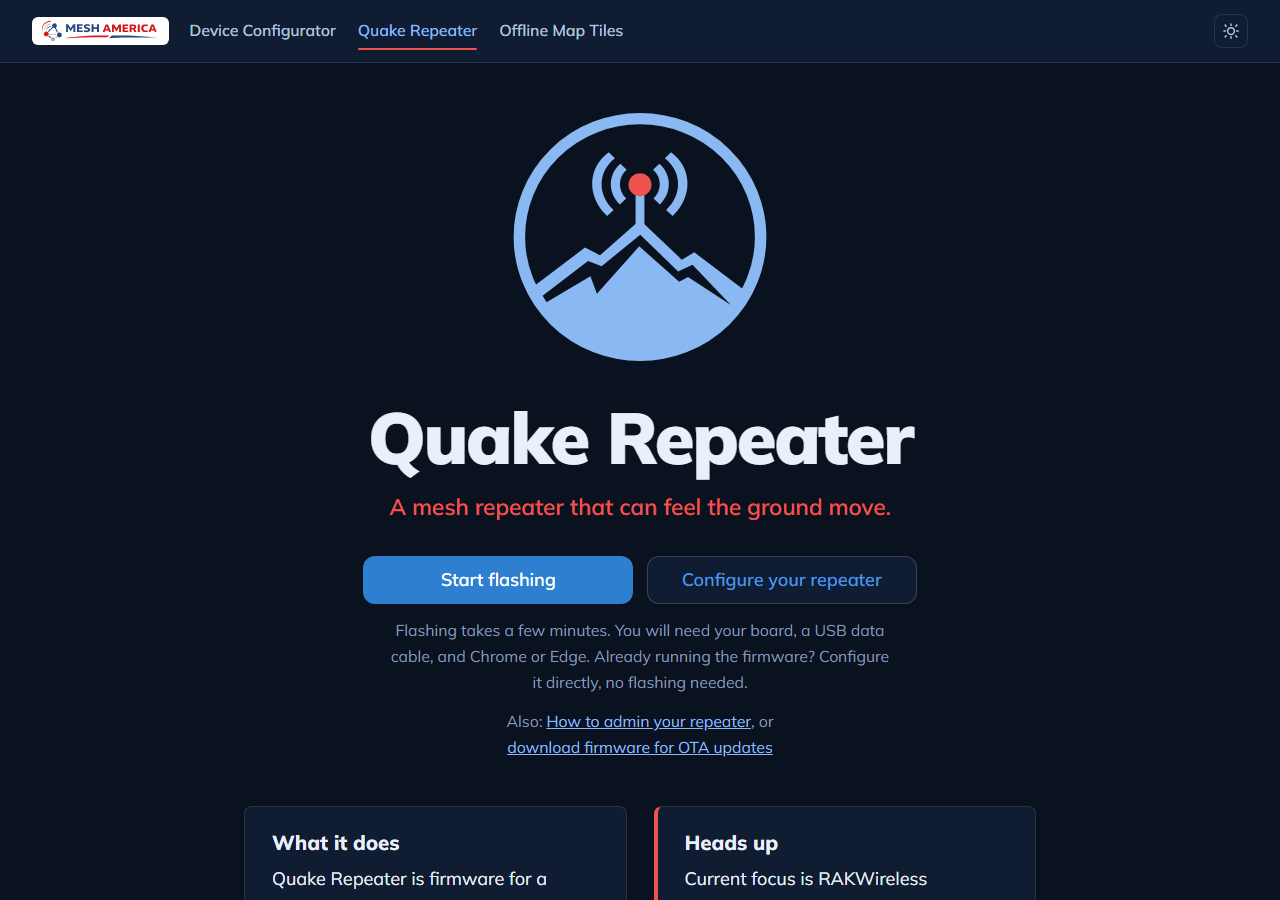 The Quake Repeater flasher's welcome page, with Start flashing and Configure your repeater buttons